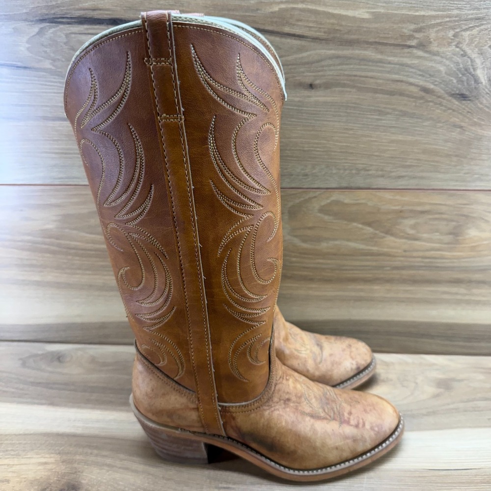 VINTAGE DINGO Western Boots Womens 6 M Cognac Tan Leather Block Heel USA Made